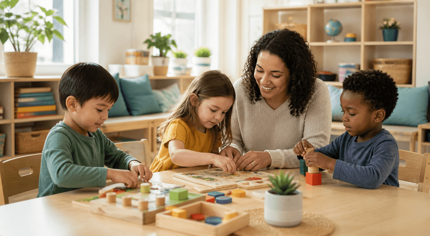 Children learning through a small-group classroom activity with supportive adult guidance